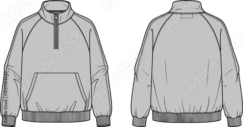 Pullover jacket technical sketch, half zip front, kangaroo pocket, raglan sleeve, CAD drawing, flat vector illustration, fashion design