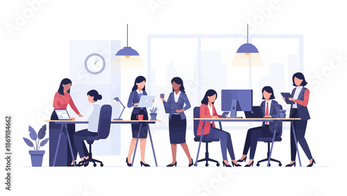 Women in professional roles collaborate effectively in a modern office environment with colleagues.