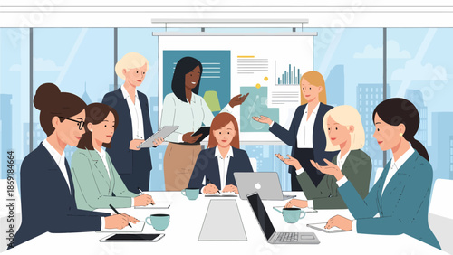 Women in professional roles collaborate with colleagues during a meeting in a modern office setting