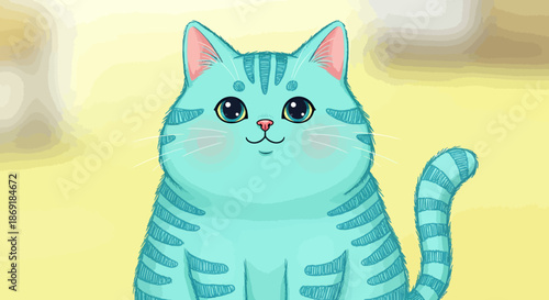 Blue Cartoon Cat Illustration.