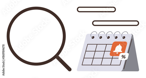 Business organization, task management, event planning, search optimization, deadline tracking, time management. Magnifying glass and calendar with a reminder icon. Deadline tracking and event