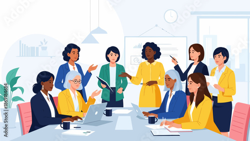 A diverse group of women in professional roles actively engaged in a meeting discussion at a modern office table.