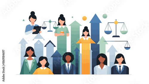 Women in professional roles are shown working together in an office environment with various architecture.