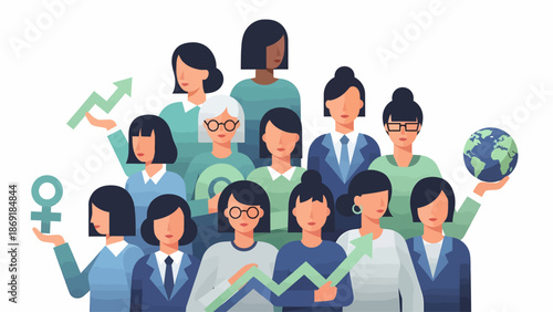 Diverse group of women in professional roles standing together in a modern office environment with various symbolic objects.