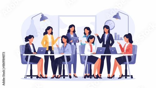 Women in professional roles collaborate effectively in a modern office environment with colleagues.