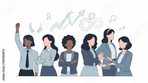 Diverse group of women in professional roles standing confidently in a modern office setting with graphs and charts
