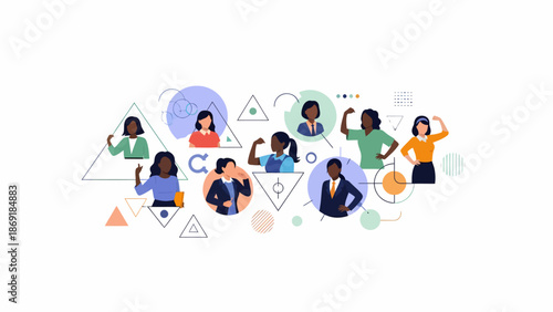 Women in various professional roles are illustrated in a modern office setting with diverse activities and technology.