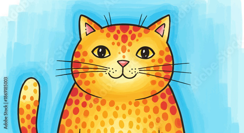 Cute orange spotted cat with a happy face and whiskers on a blue background.