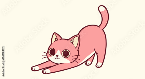 Cute pink cat stretching in a playful pose.