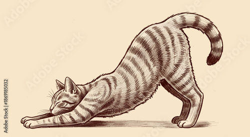 Domestic cat stretching, hand-drawn illustration.