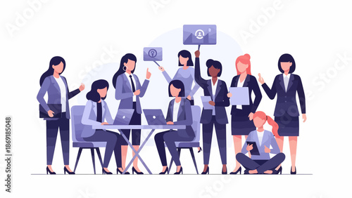 Concept of business women collaboration and financial success, a diverse team of empowered female professionals working together to achieve corporate growth and prosperity