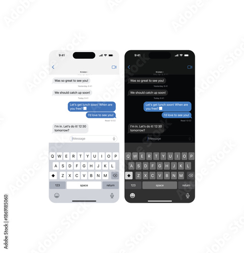 Smartphone Screens Displaying Messaging App in Light and Dark Modes.