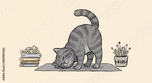 Gray Cat Eating on Rug.