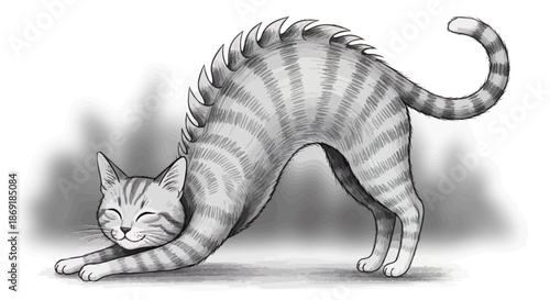 Gray Striped Cat Stretching Downward Dog.