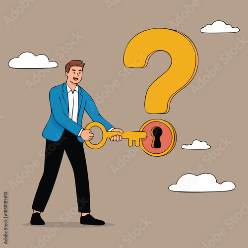 Vector illustration of businessman holding golden key unlocking keyhole for problem solution reason concept wisdom understanding and smart ideas artwork