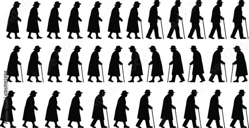 Elderly man walking silhouette sequence with cane, aging progression stages, senior movement poses, black vector illustration set for health and lifestyle concepts