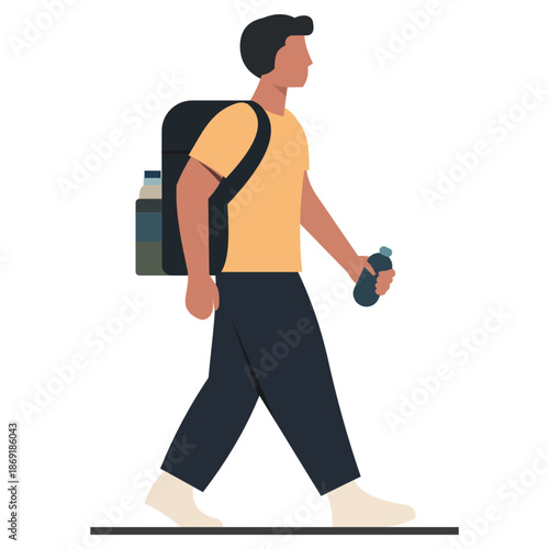 male traveler walking with backpack and holding water bottle