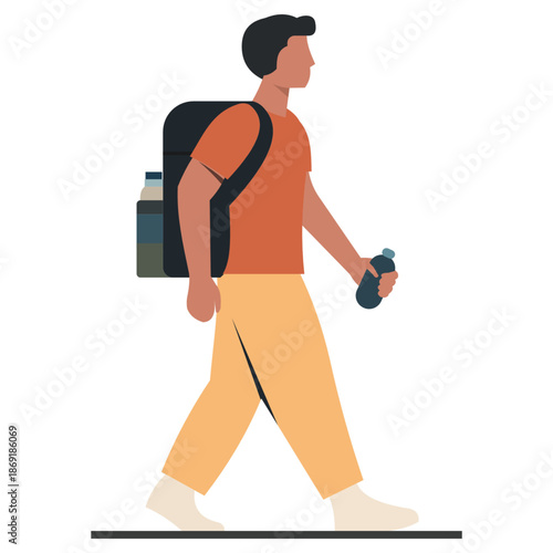 male traveler walking with backpack and holding water bottle