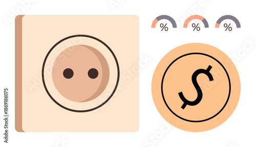 Finance, energy usage, savings, resource management, economic planning, and investments. Money symbol and circular socket with percentage indicators. Finance and energy management concept
