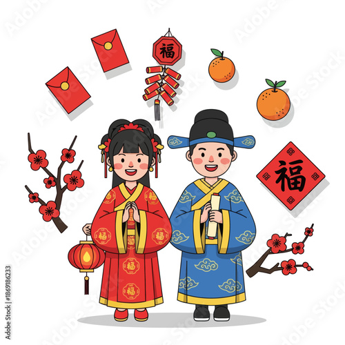 Chinese New Year Couple in Traditional Attire with Festive Decorations