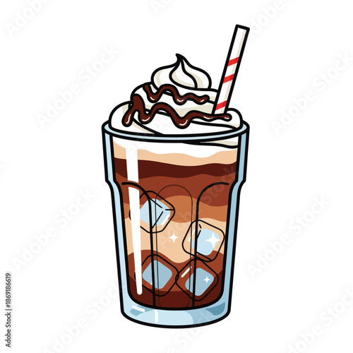 Iced Coffee Drink with Whipped Cream and Chocolate Syrup - Refreshing Summer Beverage