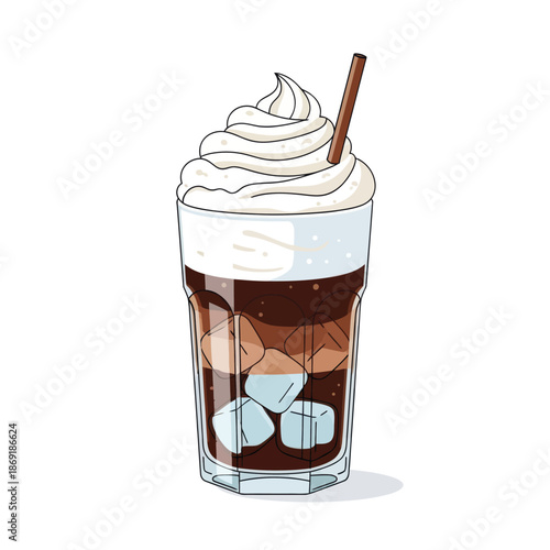 Refreshing iced coffee with whipped cream and ice cubes in a tall glass, isolated on white