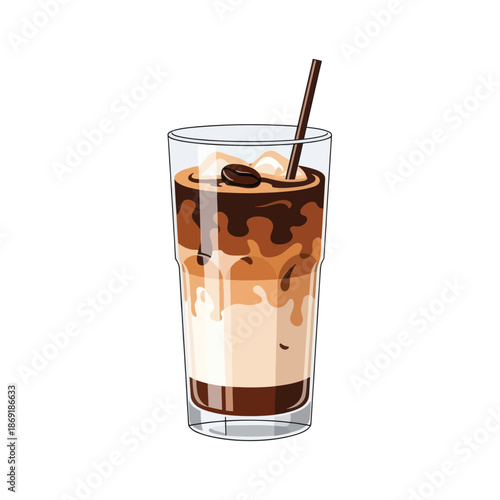 Iced Coffee Drink with Cream and Chocolate Syrup in Tall Glass, Isolated on White Background