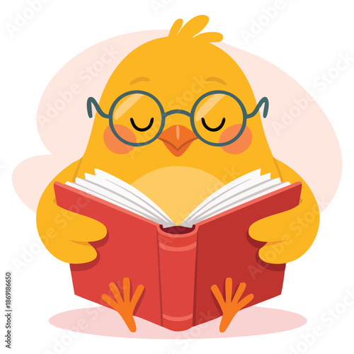 Vector illustration of cute baby chicken in glasses reading book sitting on floor cartoon bird character ideal for children education story or funny artwork design
