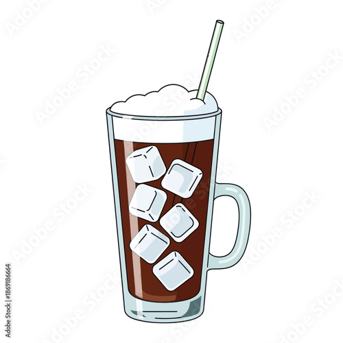 Refreshing Iced Coffee Drink with Ice Cubes and Foam, Straw in Tall Glass