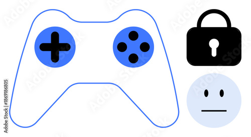 Gaming security, cybersecurity, online privacy, safe gaming, password protection, digital identity. Game controller, lock symbol neutral face. Gaming security and cybersecurity theme