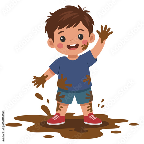 Vector illustration of cute bully boy jumping in dirt ideal for cheerful hoodlum, playful child, mischief, cartoon and fun creative artwork