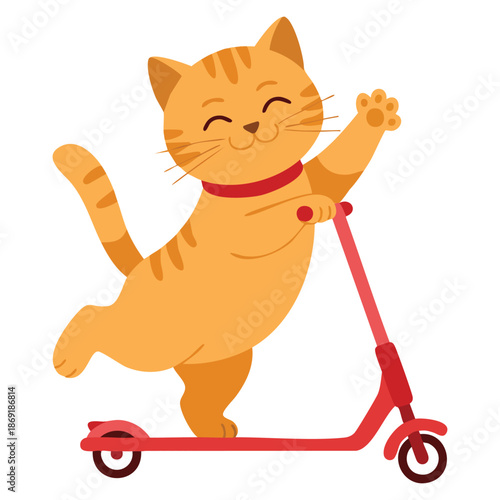 Vector illustration of cute ginger cat riding kick scooter ideal for playful children cartoon fun animal activity design and creative illustration