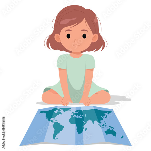 Vector illustration of cute girl student viewing world map geography lesson perfect for elementary education, learning concept, school or classroom designs