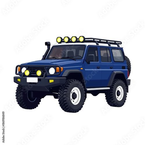 Blue off-road SUV with roof lights and large tires