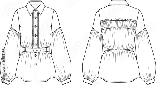 Ruffled blouse sketch, fashion flat drawing, puff sleeve design, belted waist detail, apparel template, front back view, vector illustration
