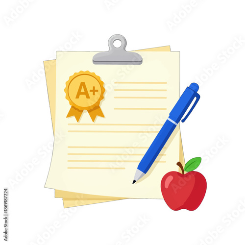 Clipboard with A+ grade, blue pen, and red apple