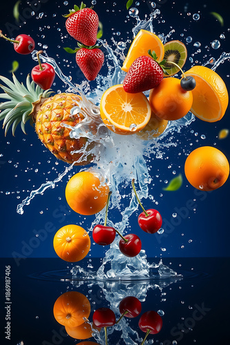 Fresh Assorted Fruits with Refreshing Water Splash