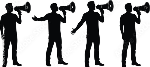 Silhouette of person shouting through megaphone, communication concept, protest, leadership, public speaking, voice amplification, vector illustration for marketing and awareness