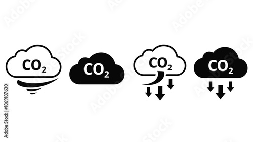 Set of four carbon dioxide cloud icons representing emissions and absorption