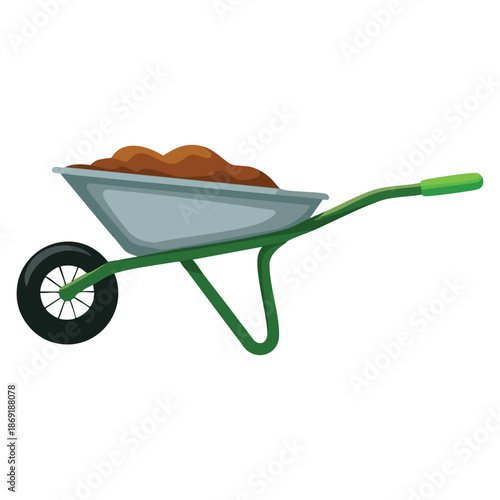 Vector illustration of garden wheelbarrow filled with soil or compost flat style agriculture work equipment ideal for gardening, farming, and outdoor work design