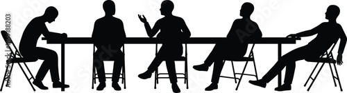 Business discussion silhouettes with diverse sitting postures at meeting table, teamwork communication, negotiation and collaboration concept, office workplace black vector illustration