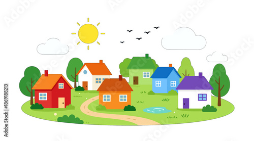 Colorful village houses with trees and sunshine