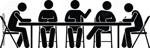 Business meeting silhouettes at conference table, teamwork discussion, collaboration and communication concept, office workplace scene, black vector illustration set