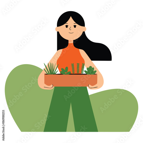 Vector illustration of girl holding box with seedlings suitable for people working in garden growing agricultural products farm rural lifestyle and cultivation designs