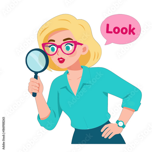 Curious blonde woman with magnifying glass and speech bubble saying "Look"
