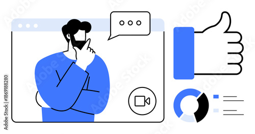 Virtual communication. Virtual communication ed by a businessman in a video call, analytics, and a thumbs-up icon. Virtual communication for online meetings, collaboration tools, remote work