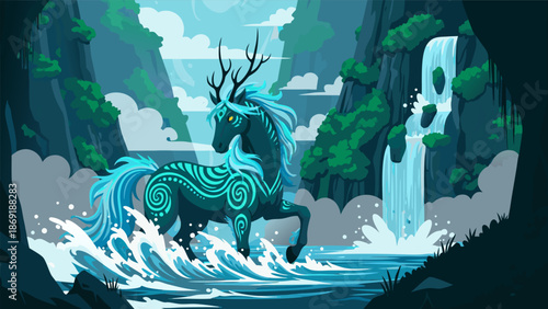 Enchanting Majestic Spirit Horse Vector Illustration with Flowing Mane Amidst Cascading Waterfalls and Lush Greenery