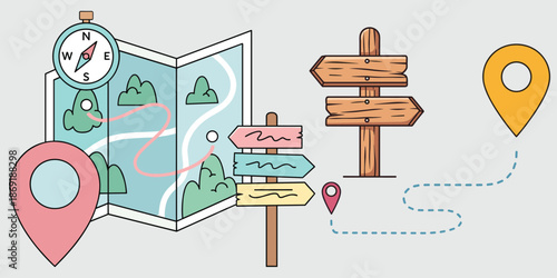 Colorful illustration of navigation elements including a map compass and directional signs for travel and adventure planning with tourism and journey and path and route