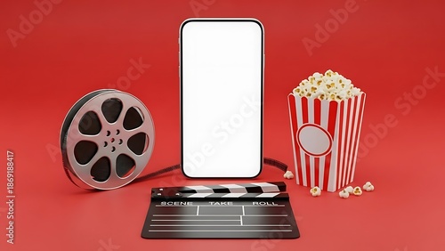A smartphone mockup sits between a classic film reel and a striped bucket of popcorn against a solid red background.