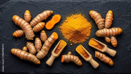 Fresh turmeric roots and vibrant yellow powder are displayed on a dark slate surface with small wooden scoops.